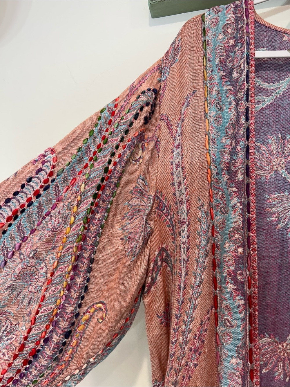 RAJ Boho Lavender & Peach Floral Embroidered Kimono duster rayon one size - Picture 4 of 13